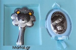 Παιδικό ασημένιο σετ με κουδουνίστρα αρκουδάκι και εικόνα Παναγίτσα γαλάζιο