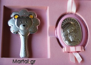 Παιδικό ασημένιο σετ με κουδουνίστρα αρκουδάκι και εικόνα Παναγίτσα ροζ